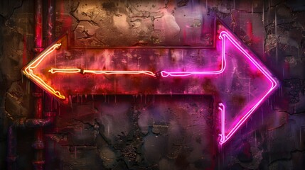Render a neon sign of a classic street sign, guiding travelers through the night with its glowing arrows and colorful