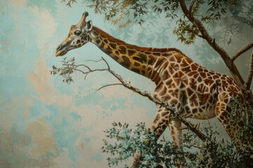 A tall giraffe stretches its neck towards tree leaves in a painting, A graceful giraffe reaching for leaves on a high tree