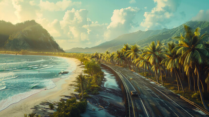 image of a highway, on the right left side of the image is an image of a beautiful beach with many palm trees.