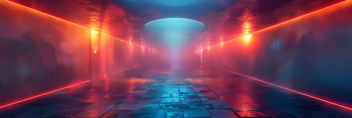 Collage Photo of Virtual Reality Corridor Video,
Cyberpunk Fusion Fusion Embracing a Mesmerizing Blue Backdrop Underneath a Glow Orange Podium
