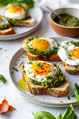 Freshly made pesto eggs on toast on a white modern table background, food recipe styling concept, Generative AI 