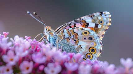   Butterfly on flower with purple petals and blue sky