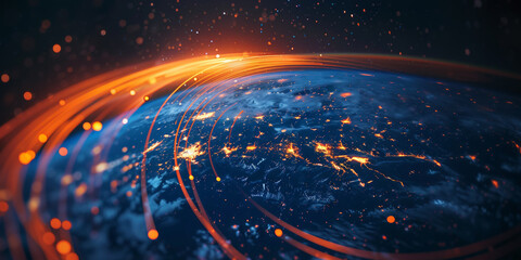 Global communication and networking with abstract lines flying over Planet Earth