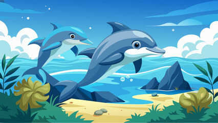 Two dolphins are swimming in the ocean near some rocks. The scene is peaceful and serene. The water is calm and the sky is clear