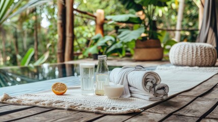 minimalist detox day setup, mat for yoga, fresh juice, and a journal for reflection, serene morning