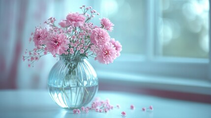   A vase of pink flowers sits atop a table next to a window brimming with pink blooms