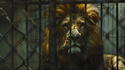 A lion is in a cage with bars on the top