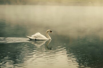 A white swan gracefully floats on a body of water, A graceful swan gliding across the surface of a tranquil lake