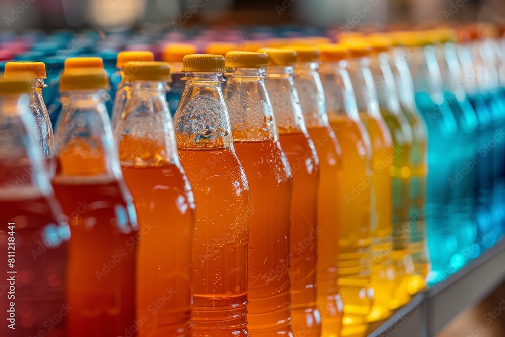Poster several bottles filled with assorted liquids lined up neatly on a table, a gradient of soft drink fl