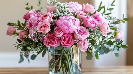   Pink flowers fill a vase atop a wooden table, accompanied by greenery in another vase