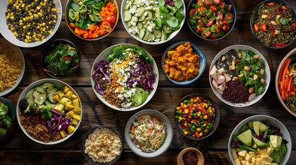 A table full of bowls of food, including salads and other dishes, vegan food