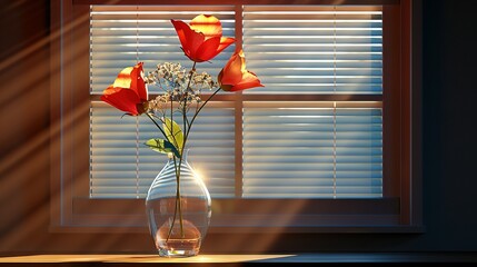   A vase brimming with blooms perches atop a table beside an open window, its curtains drawn back