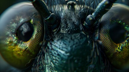 A close up of a bug's face with its eyes open