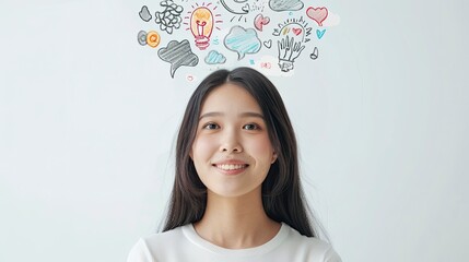 asian woman smiling with pictures of lamps, love, clouds, and many things  behind her head to show that she knows how to handle things in her life