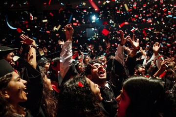 A group of people joyfully celebrating amidst confetti at a graduation ceremony, A graduation ceremony with students celebrating their academic achievements