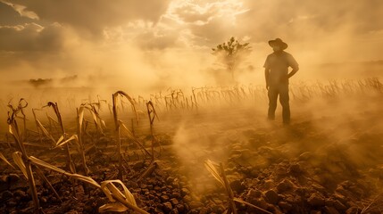 A man stands in a field of dry corn, with a hazy, dusty atmosphere, Global Warming, Climate Change