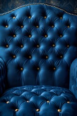Fototapeta premium A close up of a blue velvet chair with gold studs, AI