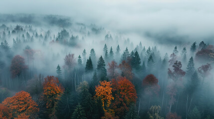 aerial view of mystical forest shrouded in thick morning fog, autumn landscape
