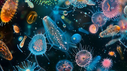 A colorful microscopic image of many different types of sea creatures