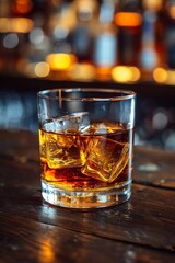 A glass of whiskey with ice cubes on a wooden table, AI