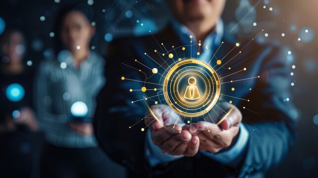 Achievement and Business Goal Success Concept - Creative business people with icon graphic interface showing employee reward giving for business success achievement hyper realistic 