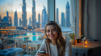 Fototapeta premium Woman sitting in a cafe, she smiling at her phone that holding in her hand, Dubai skyline view behind her. Generative AI.