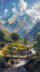 A bridge spans a river in a lush green valley. The valley is surrounded by mountains, and the bridge is the only way to cross the river. The scene is peaceful and serene