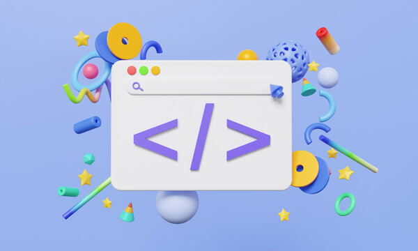 Website UI-UX modern graphic design software social media developer concept. Coding language development abstract elements geometric shapes programming application project. 3d render illustration
