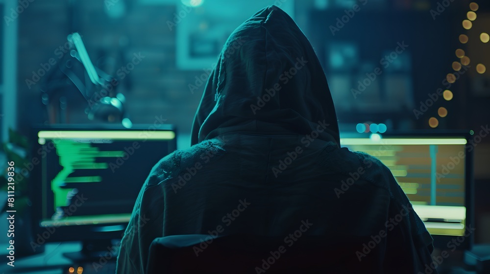 Aufkleber mysterious hacker in a dark room with screens. cybersecurity concept in modern style, perfect for te
