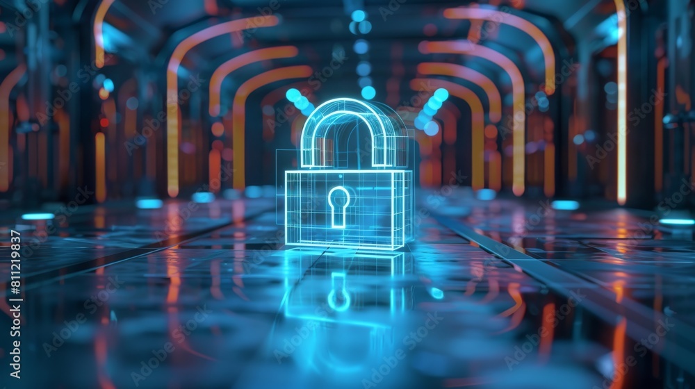 Poster a lock indicating cyber security, perspective, depth. generative ai.