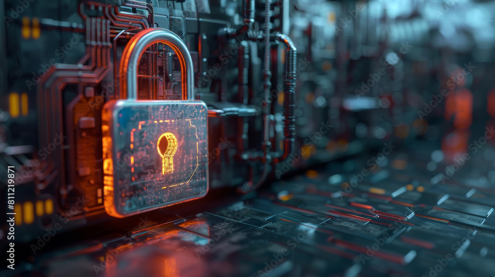 Poster a lock indicating cyber security, perspective, depth. generative ai.