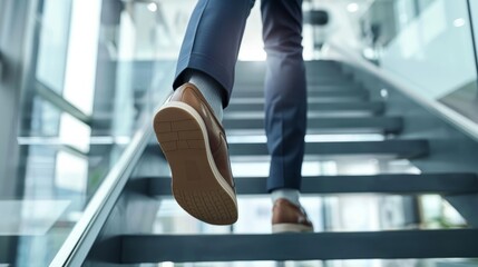 Close up young businessman feet sprinting up stairs office middle image 