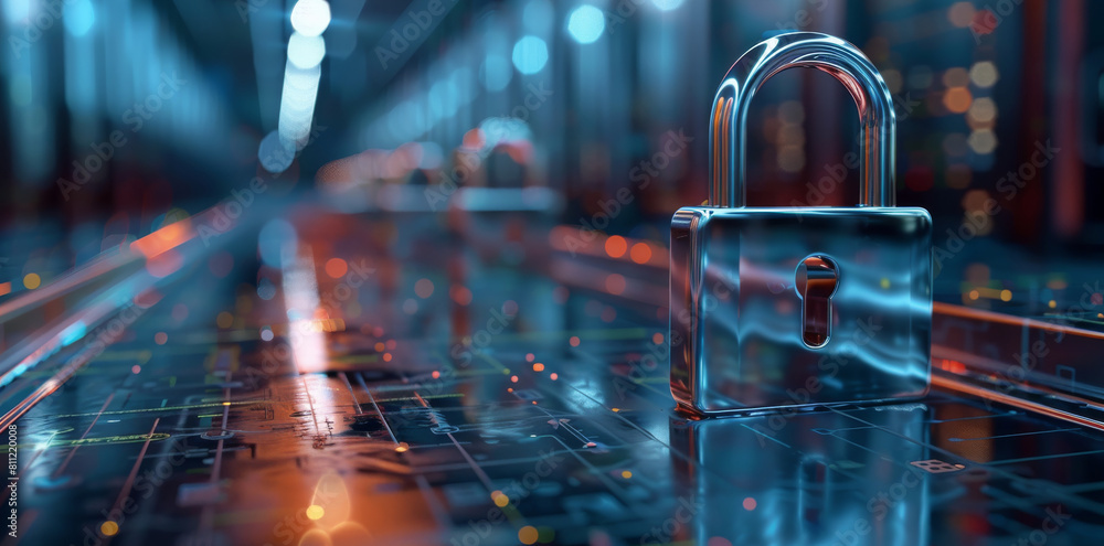 Poster a lock indicating cyber security, perspective, depth. generative ai.