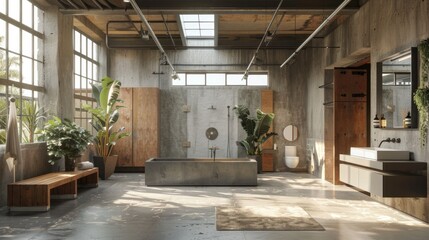 Fototapeta premium Brutalist interior design. Interior of modern bathroom with wooden walls, concrete floor, comfortable bathtub and green plants.