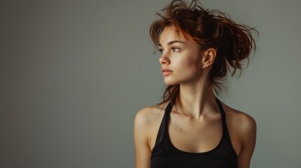 Fototapeta premium Attractive sporty European woman wears fashionable sportswear on a gray background. Active lifestyle and sports.