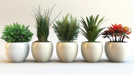 Photo of different kinds of decorative plants in pots on a white background.