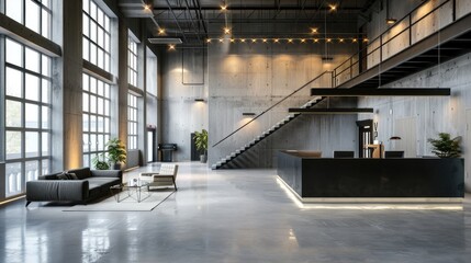 Fototapeta premium Brutalist interior design. Interior of modern office with reception desk and black leather sofa.
