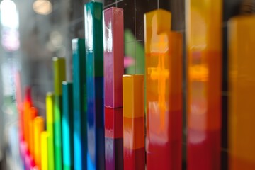 Obraz premium Sharp focus on a row of vibrant colored papers neatly aligned, A graph showing a sharp increase in profits, with colorful bars reaching new heights