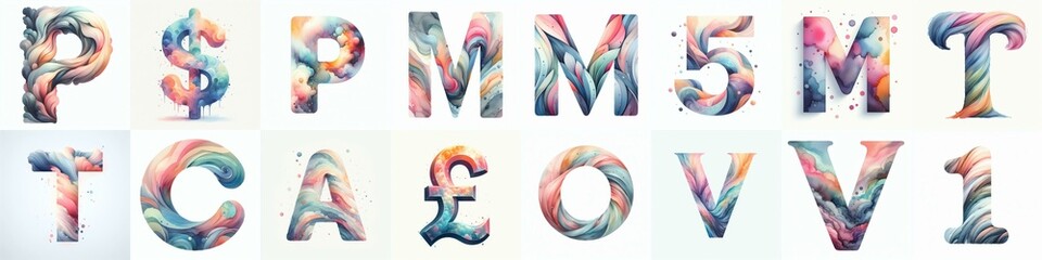 Watercolor pastel Lettering Typeface. AI generated illustration