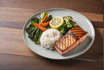 food photography of Grilled Salmon Steak with steamed vegetables and rice
