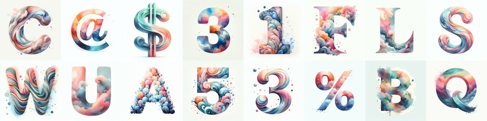 Watercolor pastel Lettering Typeface. AI generated illustration