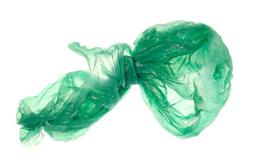 Green crumpled, ragged nylon piece flying, isolated on white, clipping path