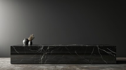 Obraz premium Elegant and simple black marble countertop on an empty table, showcased against a seamless black wall backdrop