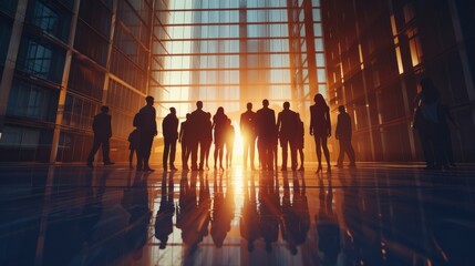 Group of business people silhouettes in modern office building and business network concept. Human...