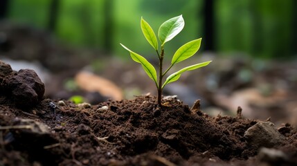 Close-up portrayal of a thriving sapling in a woodland area, detailed to showcase the texture and color of new growth contributing to forest renewal