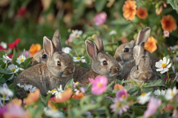 Obraz premium Group of cute baby bunnies sitting in a colorful field of flowers, A group of adorable baby bunnies playing in a field of vibrant flowers