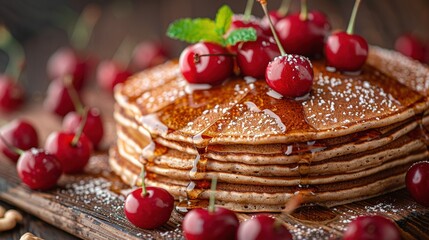   A stack of pancakes with cherry toppings on a cutting board alongside almonds and cherries