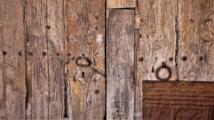 background of old wooden door with keys and lock