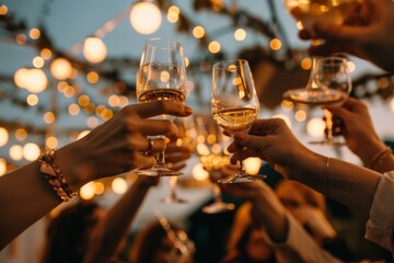 Group of professionals celebrating on a rooftop, raising wine glasses in a toast, A group of business people at a rooftop party, raising glasses in celebration