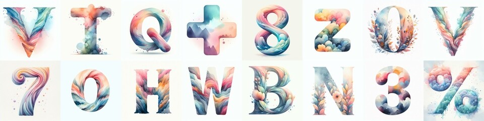 Fototapeta premium Watercolor pastel Lettering Typeface. AI generated illustration